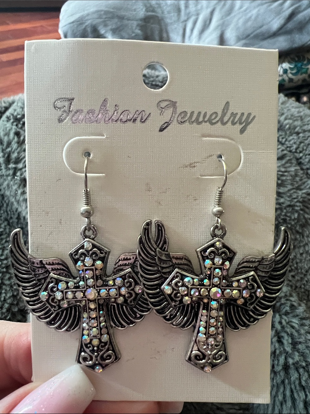 Fashion Jewelry Silver-Tone Winged Cross Earrings with Iridescent Stones